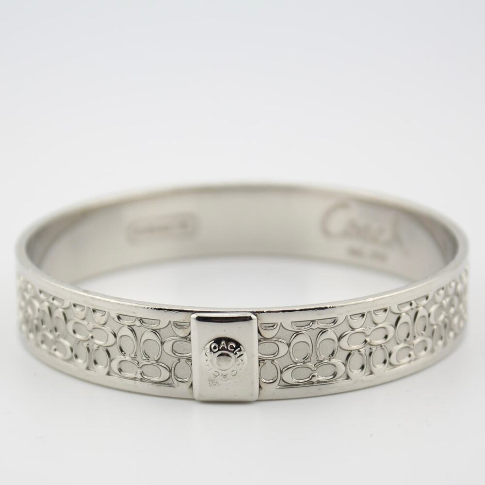 Coach Bangle Bracelet Silver Tone Logo Pattern Signed Pre-Owned